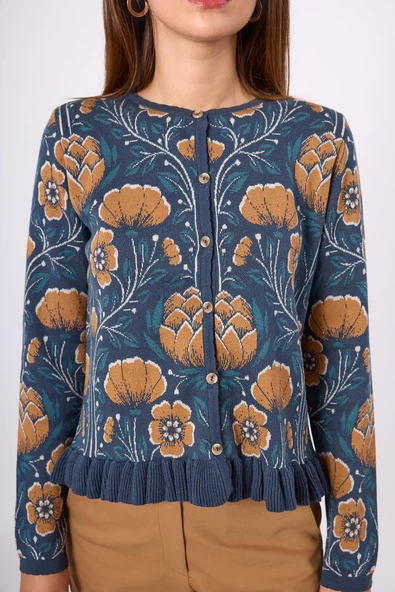 Peraluna Felicity Çiçek Jakarlı Kadın Triko Hırka - İndigo Multi - 3