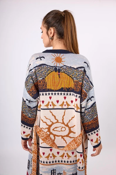 Peraluna Sweet Memories Jakarlı Kadın Uzun Triko Kimono - Lacivert Multi - 9