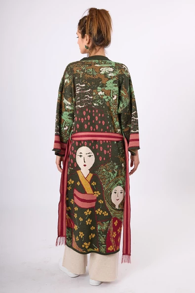 Peraluna Magic Moments Jakarlı Kadın Uzun Triko Kimono - Koyu Yeşil Multi - 2