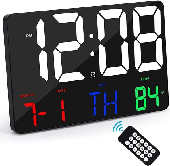 Alfalink Dijital Duvar Saati Renkli Uzaktan Kumandalı Hd LED Ekran Tarih Gün Sıcaklık Alarm USB Dekoratif ürün görseli