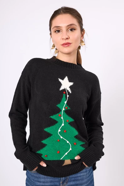 Peraluna Happy Times Çam Ağacı Desenli Unisex Yılbaşı Kazağı - Siyah/Yeşil - 6