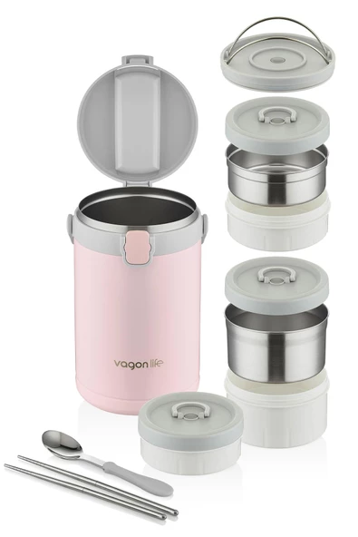 Vagonlife Çelik Yemek Termosu Isı Yalıtımlı 3 Kaseli 2.1LT Sızdırmaz Vakumlu Kap Taşıma Kulplu -FF10089 - 6
