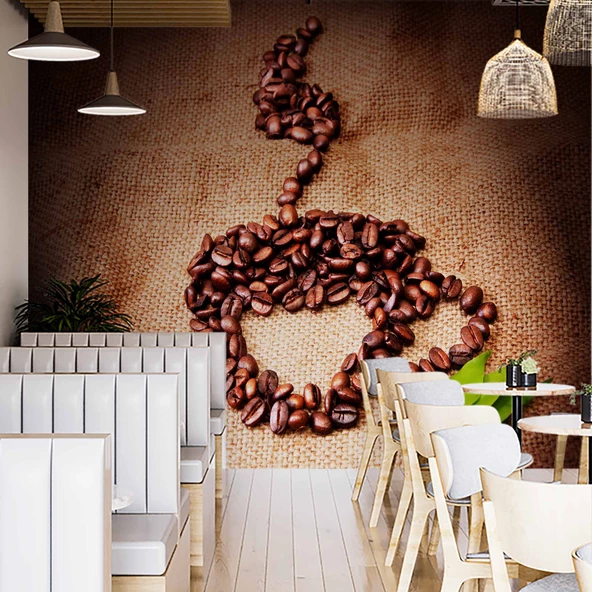 Kahve Çekirdekli Fincan Desenli Cafe Duvar Kağıdı Baskı - 2