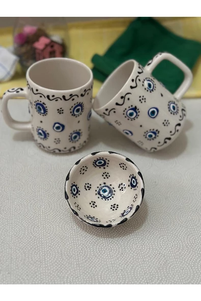 Nazar Boncuk Tasarımlı 2 Adet Kupa Bardak ve 1 Adet Lokumluk