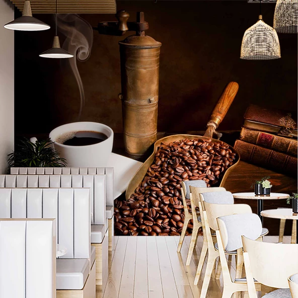 Kahve Öğütme Makinalı Cafe Duvar Kağıdı Baskı - Resim 2