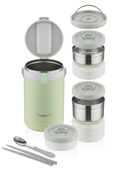Vagonlife Çelik Yemek Termosu Isı Yalıtımlı 3 Kaseli 2.1LT Sızdırmaz Vakumlu Kap Taşıma Kulplu -FF10089 - 2