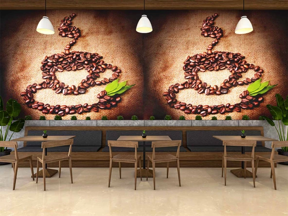 Kahve Çekirdekli Fincan Desenli Cafe Duvar Kağıdı Baskı - 3