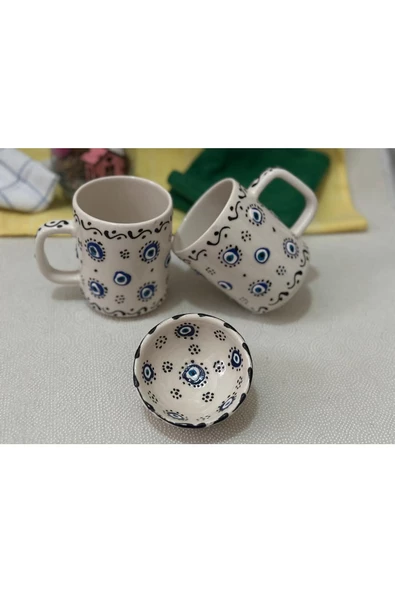 Nazar Boncuk Tasarımlı 2 Adet Kupa Bardak ve 1 Adet Lokumluk - 4