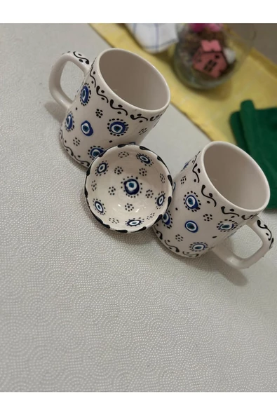 Nazar Boncuk Tasarımlı 2 Adet Kupa Bardak ve 1 Adet Lokumluk - 2