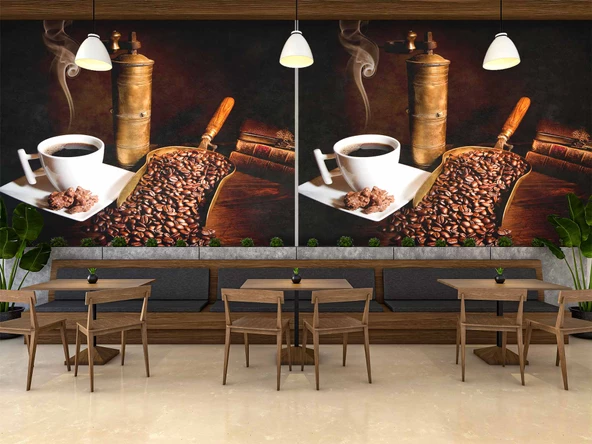 Kahve Öğütme Makinalı Cafe Duvar Kağıdı Baskı - Resim 3