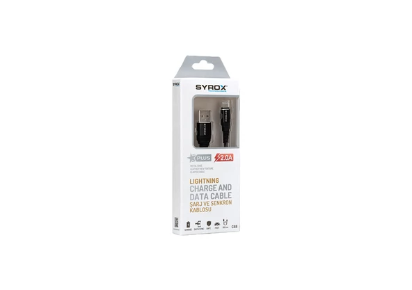 Syrox C88-K 2.0A 1mt Metal Başlıklı Lightning Şarj & Data Kablosu - Kırmızı - 2