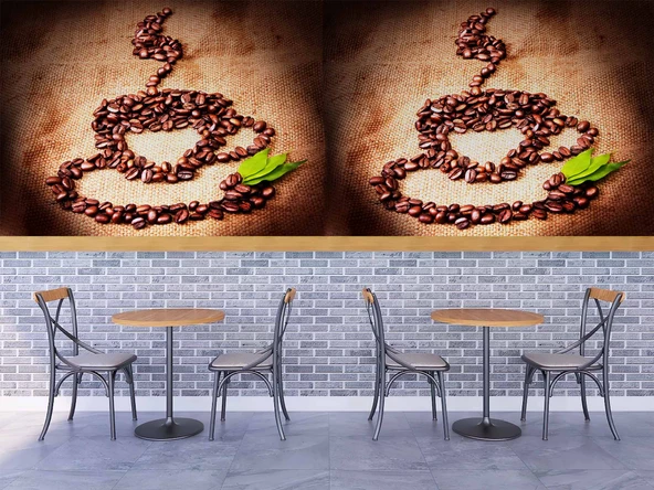 Kahve Çekirdekli Fincan Desenli Cafe Duvar Kağıdı Baskı - 4