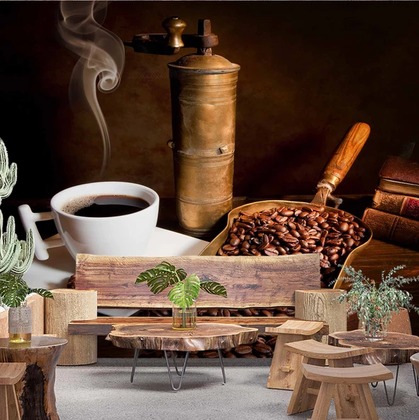 Kahve Öğütme Makinalı Cafe Duvar Kağıdı Baskı
