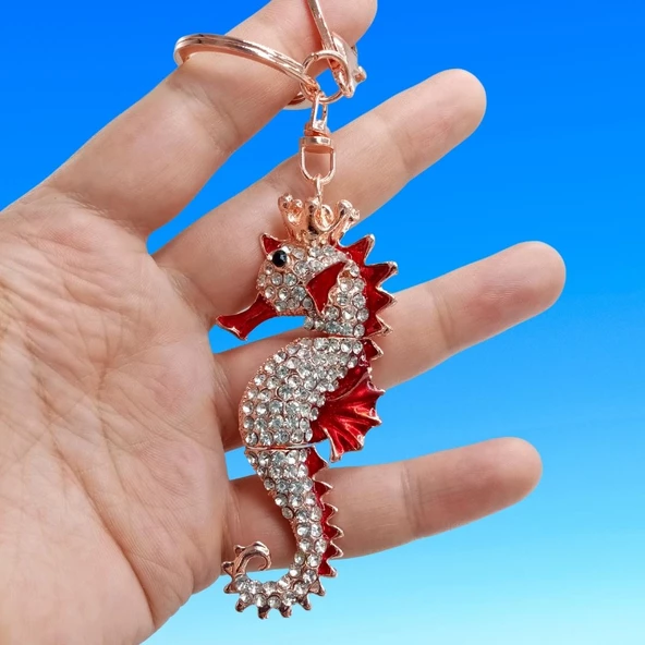 Kırmızı Kristal Taşlı Denizatı Anahtarlık - 3
