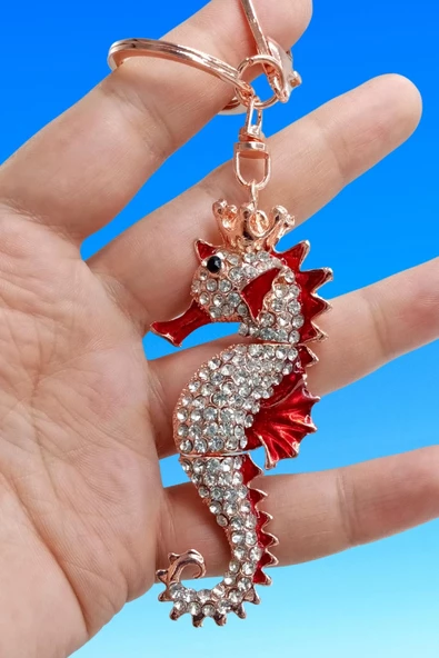 Kırmızı Kristal Taşlı Denizatı Anahtarlık - 8