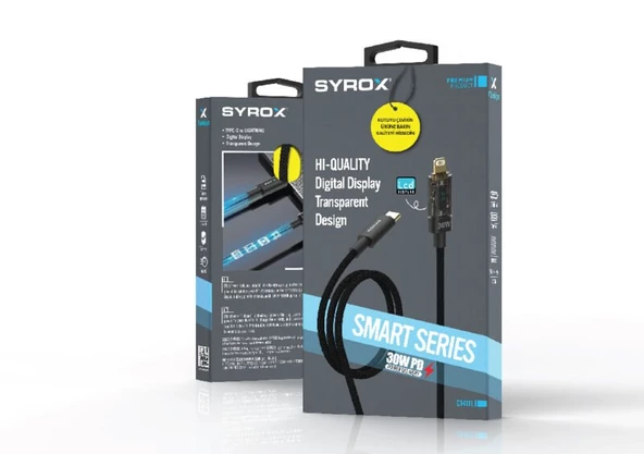 Syrox C141TL 30W PD 1.21mt Dijital Ekranlı Örgülü Lightning Şarj & Data Kablosu - Siyah - 2