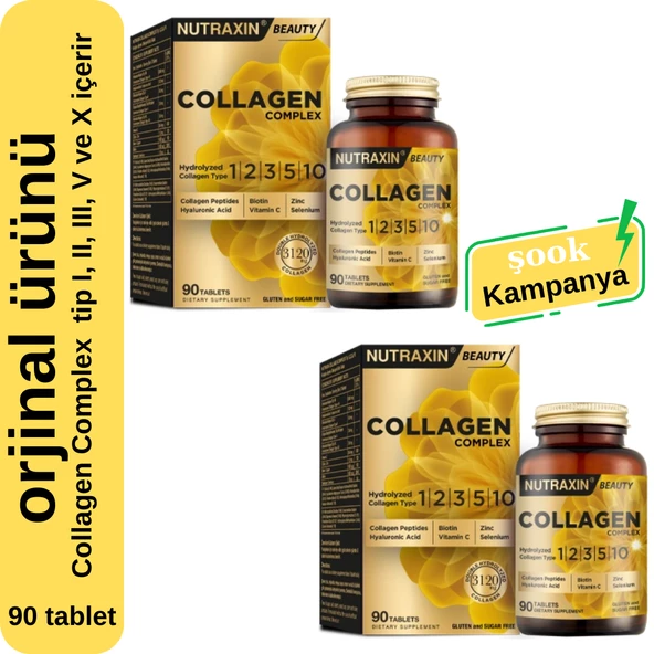 Nutraxin Collagen Complex 2'li 90 tablet; içerisinde kolajen tip I, II, III, V ve X içerir