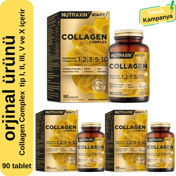 Nutraxin Collagen Complex 3'lü 90 tablet; içerisinde kolajen tip I, II, III, V ve X içerir