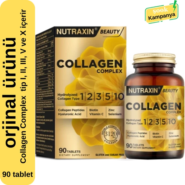 Nutraxin Collagen Complex 90 tablet; içerisinde kolajen tip I, II, III, V ve X içerir