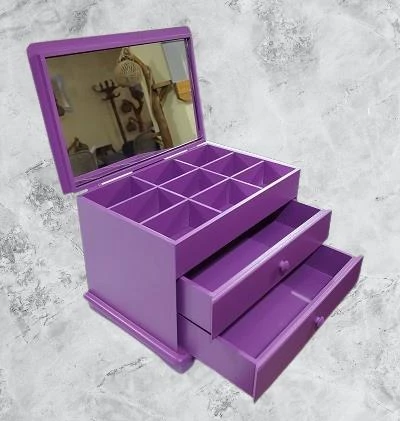 Hobi Takı Şifonyer 90410 Makyaj Kutu 2Çekmc Ayna Parlak MOR Ahşap MDF El Yapım - 6
