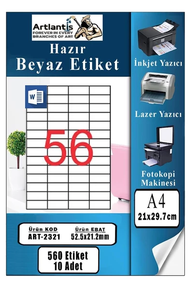 A4 Hazır Etiket 52.5x21.2 mm 10 Sayfa 1 Paket 56 lı Kendinden Yapışkanlı Fotokopi Lazer İnkjet Kağıdı Yazıcılar İçin Uyumlu - 1