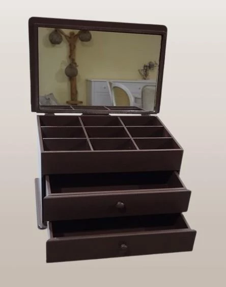 Hobi Takı Şifonyer 90411 Makyaj Kutu 2Çekmc Ayna Parlak KAHVERENGİ Ahşap MDF ElYap - 7