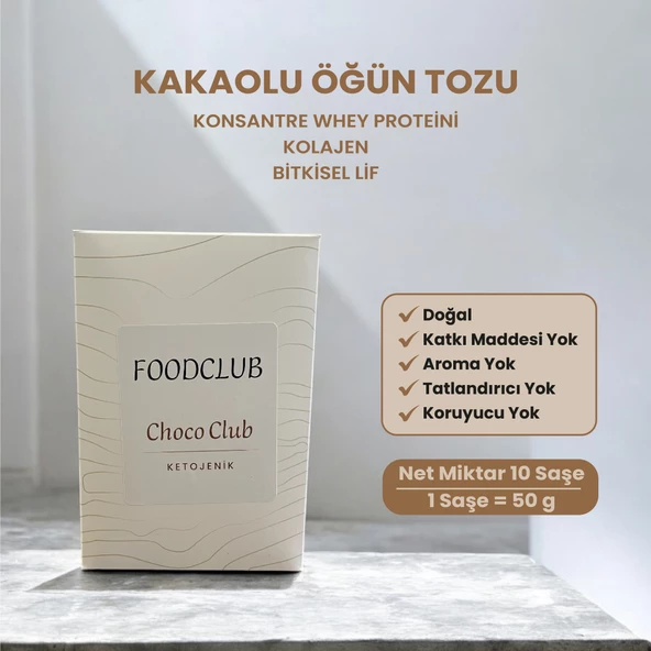 Foodclub Choco Club Kakaolu Öğün Tozu 10x50 gram Whey Proteini, Kolajen, Lif