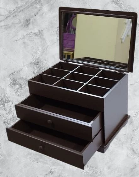 Hobi Takı Şifonyer 90411 Makyaj Kutu 2Çekmc Ayna Parlak KAHVERENGİ Ahşap MDF ElYap - 5