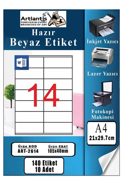 A4 Hazır Etiket 105x40 mm 10 Sayfa 1 Paket 14 lü Kendinden Yapışkanlı Fotokopi Lazer İnkjet Kağıdı Yazıcılar İçin Uyumlu
