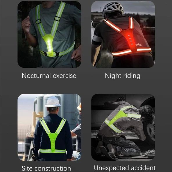 Reflektif Işıklı Yelek Siyah Fosforlu Neon Bisiklet, Motosiklet,Scooter Gece İkaz Uyarı Yeleği - 3