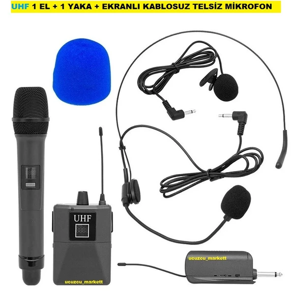 UHF 1 EL + 1 YAKA + EKRANLI KABLOSUZ TELSİZ MİKROFON