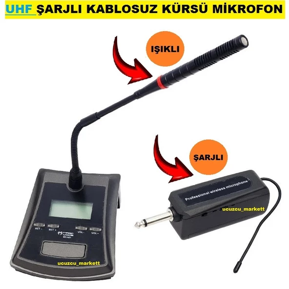 UHF ŞARJLI KABLOSUZ KÜRSÜ MİKROFON (IŞIKLI)