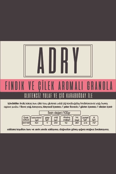 ADRY Fındıklı ve Çilek Aromalı Granola/vegan ve glutensiz/250gr/kahvaltılık/şeker ilavesiz/katkısız