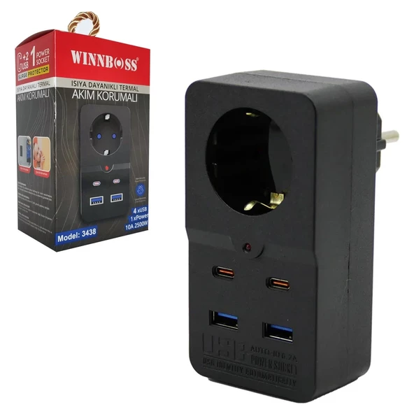 WİNNBOSS WB-3438 AKIM KOR. PRİZ - (1 PRİZ + 2 TYPE-C + 2 USB) ürün görseli 1
