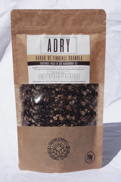 ADRY Kakao ve Fındıklı Granola/vegan ve glutensiz/250gr/kahvaltılık/şeker ilavesiz/katkısız