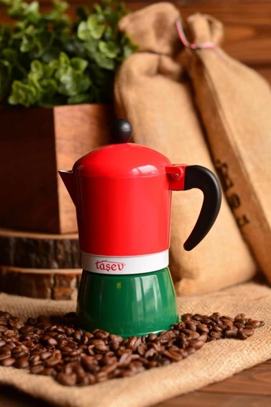 Taşev T1196 Adamo Moka Pot 3 Fincan Kırmızı&Yeşil (Alüminyum)