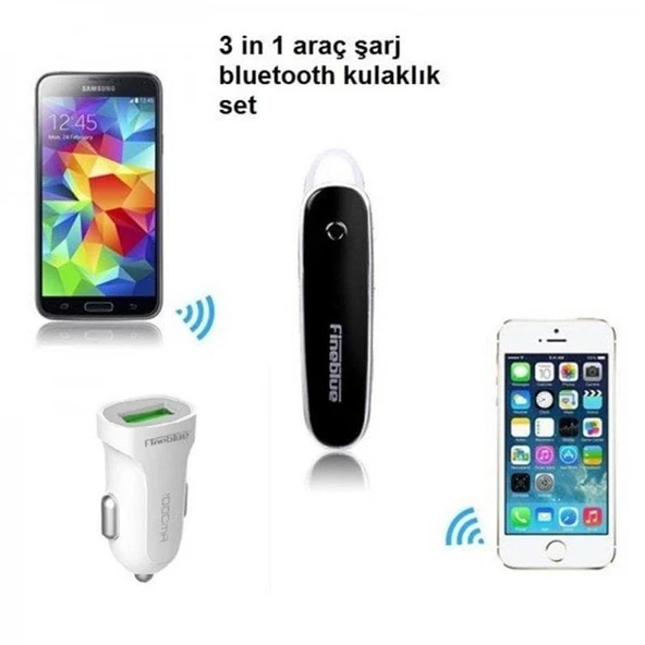 Fineblue Fsx2 3 in 1 (araba) araç şarj aleti + kablosuz bluetooth kulaklık Micro usb Kablo Dahil Siyah