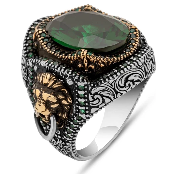 Aslan Başı Kapı Tokmak Modeli Yeşil Taşlı 925 Gümüş Yüzük ürün görseli