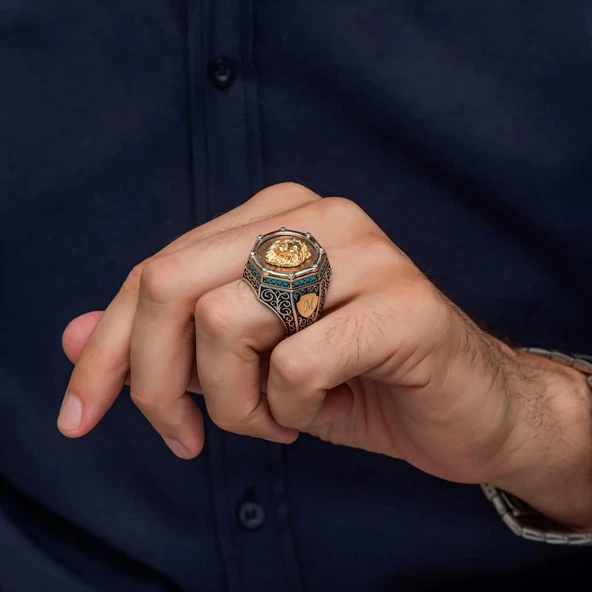 Aslan Başı Motifli Harfli Zorbey Serisi 925 Gümüş Erkek Yüzük - Resim 4