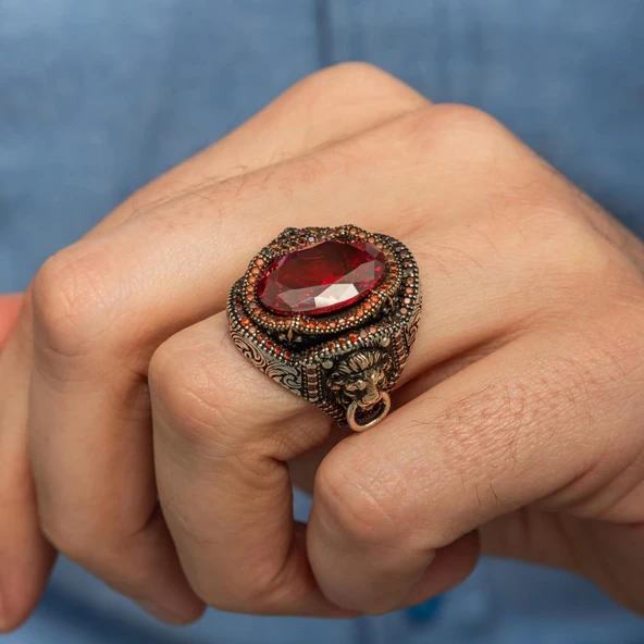 Aslan Başı Kapı Tokmak Modeli Kırmızı Taşlı 925 Gümüş Yüzük - Resim 8