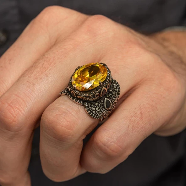 Oval Sarı Sitrin Taşlı 925 Gümüş Erkek Yüzük - 3