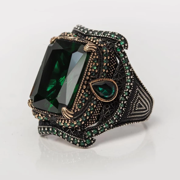 Yeşil Taşlı Dikdörtgen Tasarım 925 Gümüş Yüzük - Resim 4