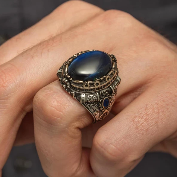 Mavi Kaplan Gözü Taşlı 925 Gümüş Yüzük - Resim 3