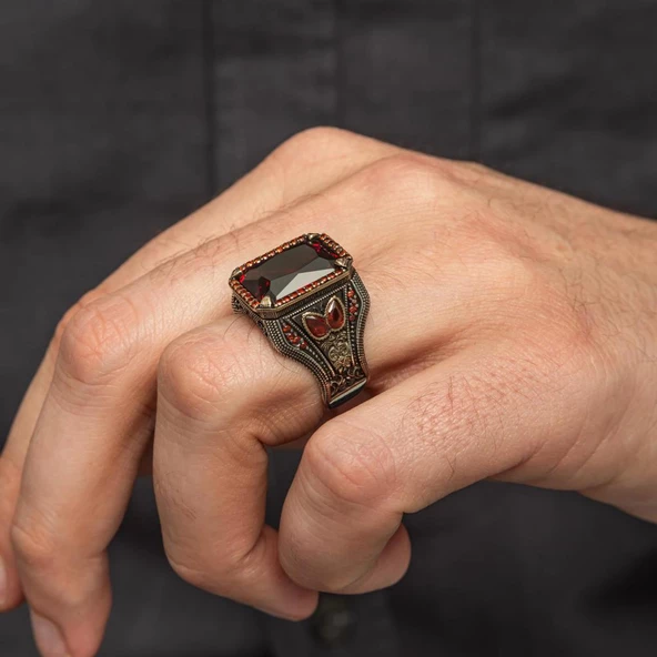 Kırmızı Taşlı 925 Gümüş Erkek Yüzük - 7