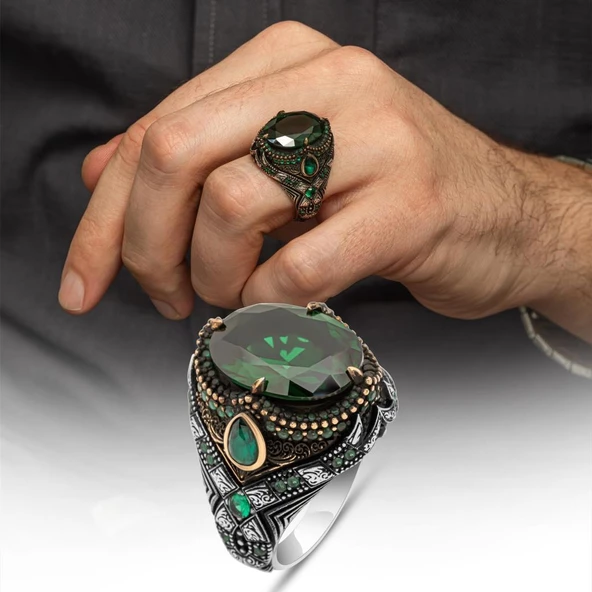 Oval Yeşil Taşlı 925 Gümüş Erkek Yüzük