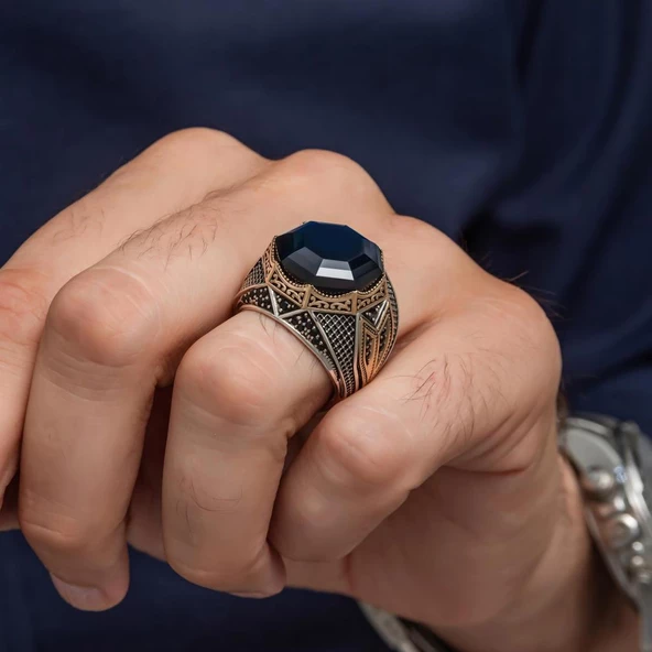 Parlament Mavi Taşlı Sekizgen Zorbey Serisi 925 Gümüş Erkek Yüzük - Resim 6