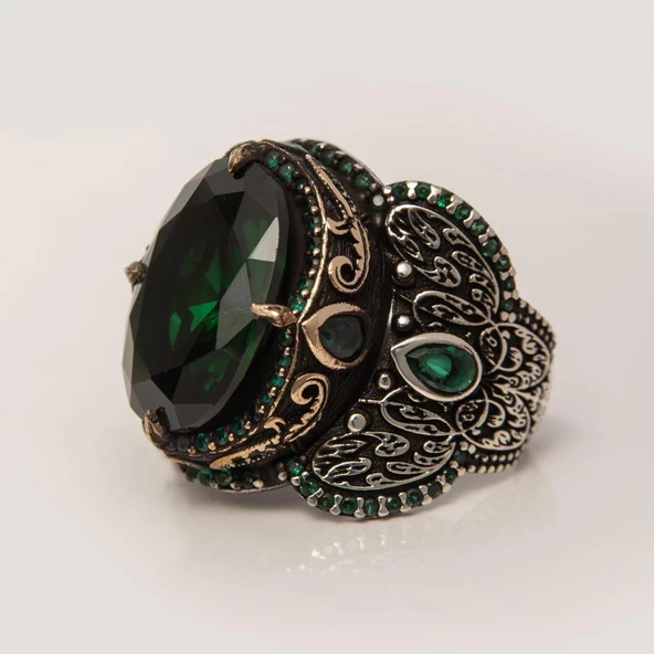 Yeşil Taşlı 925 Gümüş Erkek Yüzük - Resim 5