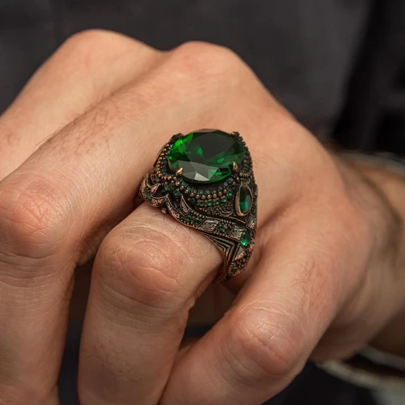 Oval Yeşil Taşlı 925 Gümüş Erkek Yüzük - 6