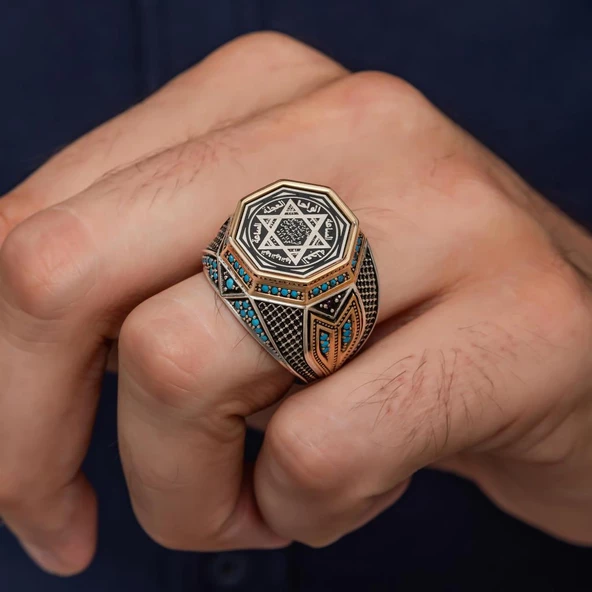 Mührü Süleyman İşleme Sekizgen Zorbey Serisi 925 Gümüş Erkek Yüzük - Resim 5