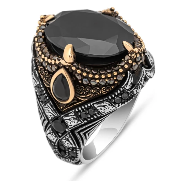 Oval Siyah Taşlı 925 Gümüş Erkek Yüzük - Resim 2